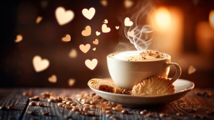 Still life of a cup of coffee with steamed milk and a cake, with hearts floating around it. - obrazy, fototapety, plakaty