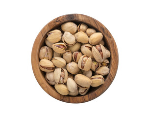 Top view of salted pistachios in wood bowl isolated on white background