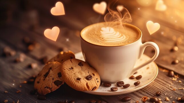 Still life of a cup of coffee with steamed milk and a cake, with hearts floating around it.