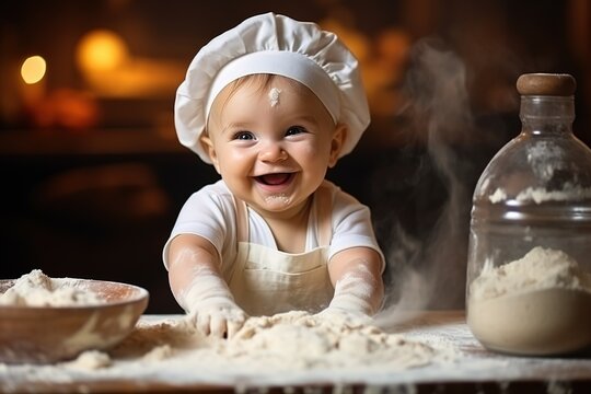 smiling baby in a white chef's hat cooking dought in kitchen on blurred background