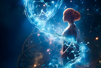 Illustration young woman with DNA structure molecule on color background
