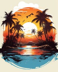 Summer beach with sunset, palm trees, and waves. Suitable for travel, vacation, relaxation, summer, tropical, coastal, serene, nature, and getawaythemed designs and projects.