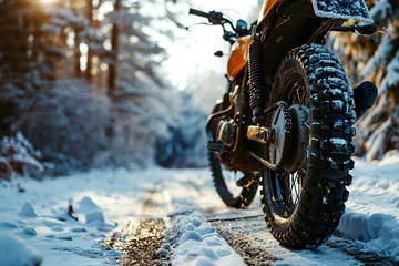 Fotobehang Rear view of an orange motorcycle standing in a rut on a snowy forest path on a winter cloudy day © Маргарита Вайс