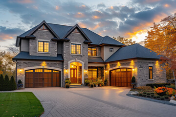 luxury home exterior features front driveway and garage - obrazy, fototapety, plakaty