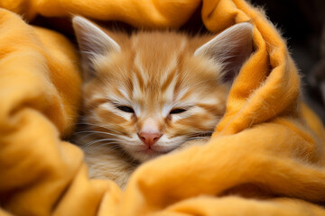 Little cute ginger kitten sleeping in soft bed