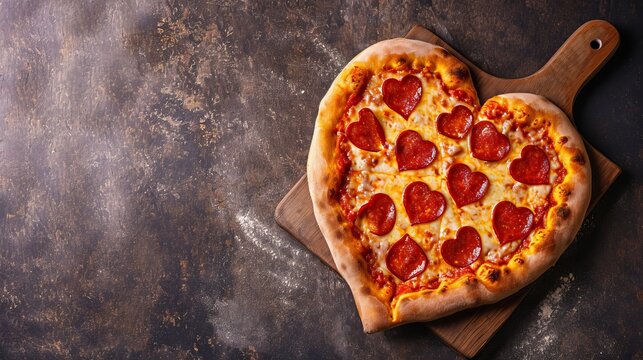Heart-shaped pizza with salami on a table.