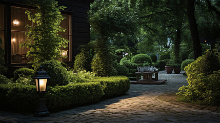 Obraz premium A evening backyard with stone pebbles path, created with Generative AI Technology.