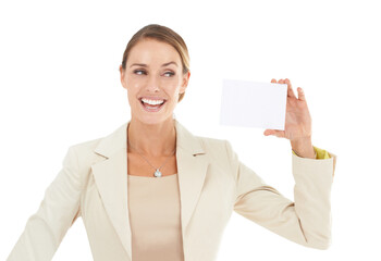 Space, smile or happy woman with business card for a sale, promotion offer or logo advertising...