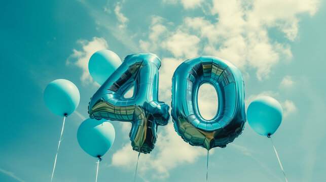 number 40 metallic foil balloon bunch, in blue cloudy sky sunshine