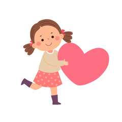 Cartoon little girl holding pink big heart. Valentines Day concept.