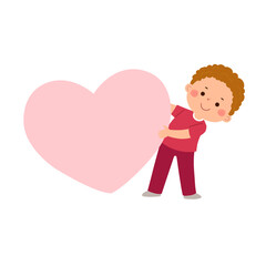 Cartoon little boy with big pink heart. Valentines Day concept.
