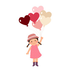 Cartoon little girl holding bunch of heart shaped balloons. Valentines Day concept. - 721234865