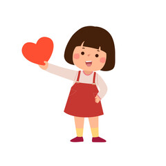 Cartoon little girl showing red heart. Valentines Day concept.