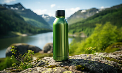 Reusable Green Water Bottle on a Rock in a Natural Mountain Setting, Symbolizing Eco-Friendly Hydration and Adventure Outdoors