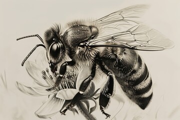 realistic pencil sketch of a fluffy bee pollinating flower, macro insect illustration