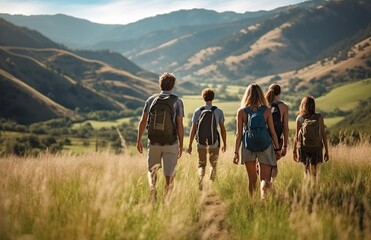 Fototapeta na wymiar Friends' Hiking Adventure in Lush Green Hills
