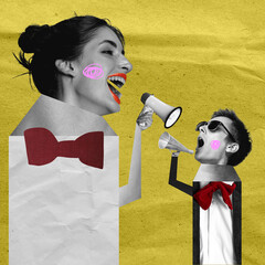 Man and woman, couple shouting in megaphone to each other. Total misunderstanding. Contemporary art...
