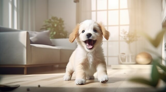 Funny portrait of a cute smiling puppy. New cute family member small dog playing at home in bright interior. Pet and animal care concept