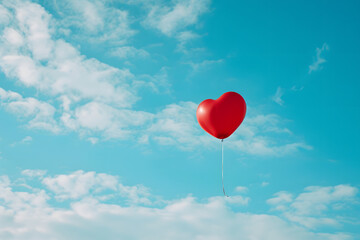 Soaring Red Heart Balloon in Blue Sky