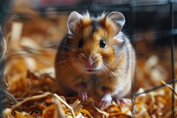 closeup of cute fluffy pet hamster, domestic rodent in a cage with straw, blurred background