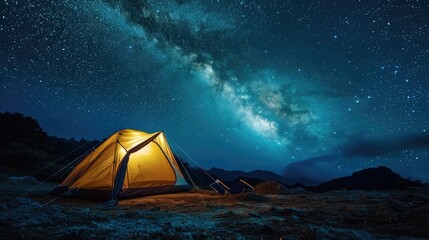 Illuminated tent under glowing night sky with stars and milky way. Tourist equipment for camping. - obrazy, fototapety, plakaty