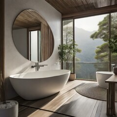 Fototapeta premium Modern Minimalist Style Bathroom - Japanese or Eastern Inspired Interior Design - Bathroom with Zen-styled Atmosphere