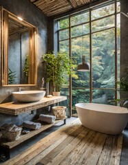 Fototapeta premium Modern Minimalist Style Bathroom - Japanese or Eastern Inspired Interior Design - Bathroom with Zen-styled Atmosphere