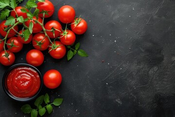Top view portrait of assortment of fresh tomatoes and ketchup on black background with blank space.