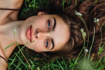 Fototapeta premium Nature portrait of a happy young woman sitting in the grass, relaxing in the park in the park.