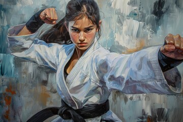 A beautiful woman in a white kimono and a black belt practices karate - obrazy, fototapety, plakaty