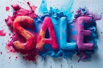 the typographic inscription SALE made in colored paints on a white background. There are splashes of paint all around . Illustration - obrazy, fototapety, plakaty