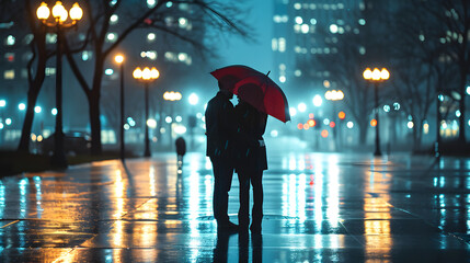 Romantic Couple with Red Umbrella Walking on Rainy City Street