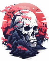 Skull japanese with flowers and branches. Suitable for dark concepts, halloween designs, tshirt design and gothic themes.