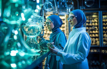 Asian muslim female scientist working in chemical laboratory. She is wearing hijab and glasses
