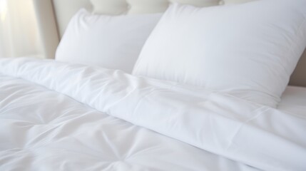 Bed in a bedroom hotel room with white sheets, large pillows cushions against a bright white background window lit by natural light simple clean modern simple elegant