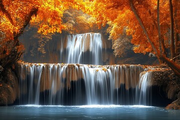 Beautiful waterfall in autumn forest, deep forest waterfall.