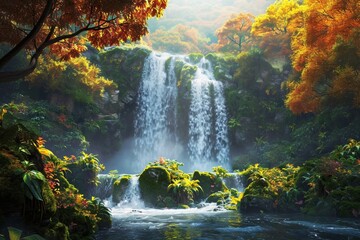 Waterfall view in the forest that contains all the colors of autumn. Waterfall in autumn colors. The Waterfall is hidden in the tropical jungle. Waterfall streams in the green mossy mountain. 