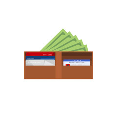 open wallet with banknotes, bank debit card and identity card flat design vector illustration. design for business, finance, banking, economics. Wallet with money dollar banknote