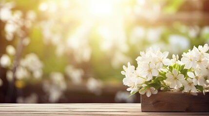 Spring background with white flowers and sunlight in front of wooden table, copy space - generative ai