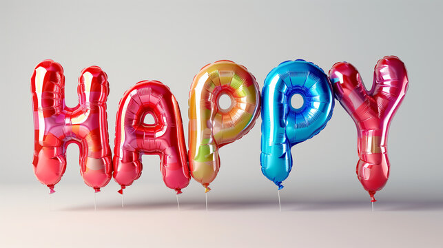 metallic foil balloons HAPPY word colorful, isolated on plain light studio background - Powered by Adobe