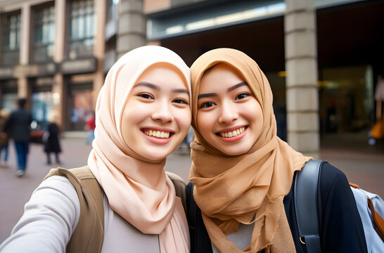 two asian muslim women in hijab taking selfie on smartphone in city