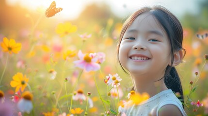 Sunny asian kid in summer floral field with butterflies enjoyng nature on holiday vacations looking up and smilling happily at camera
