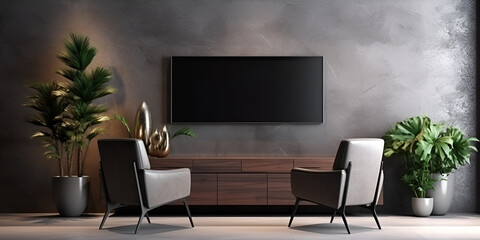 Cabinet tv in modern living room with armchair on dark background, Cabinet tv in modern living room with armchair,lamp,table,flower and plant on concrete wall, 

