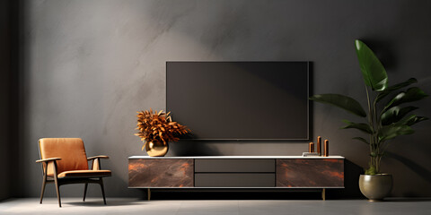 Cabinet TV in modern living room with armchair on concrete wall background Generative AI
