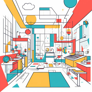 Interior of a room in the Bauhaus style. Graphic illustration