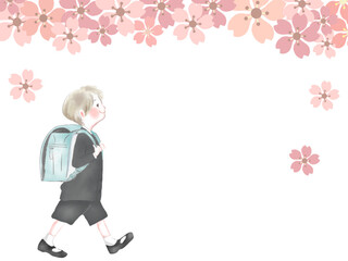 桜とランドセルの男の子