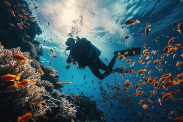 Scuba diver diving on a tropical reef with blue background and reef fish