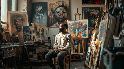 Artist Contemplating in Studio Amidst Black History Portraits