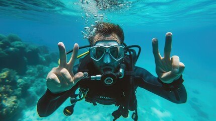 scuba diver shows signal underwater - obrazy, fototapety, plakaty