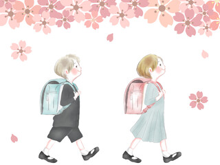 桜とランドセルの児童たち